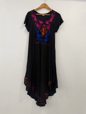 Exist Boho Embroidered Midi Dress Black Sheer Floral Folk Festival Free Size